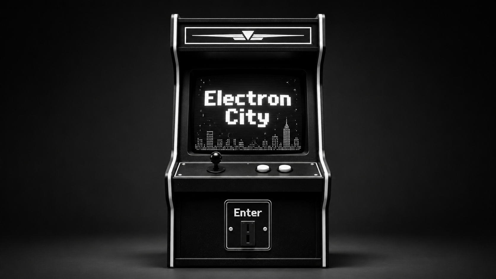 A retro black-and-white stand-up arcade machine. Its screen says Electron City and its coin-slot panel says Enter.